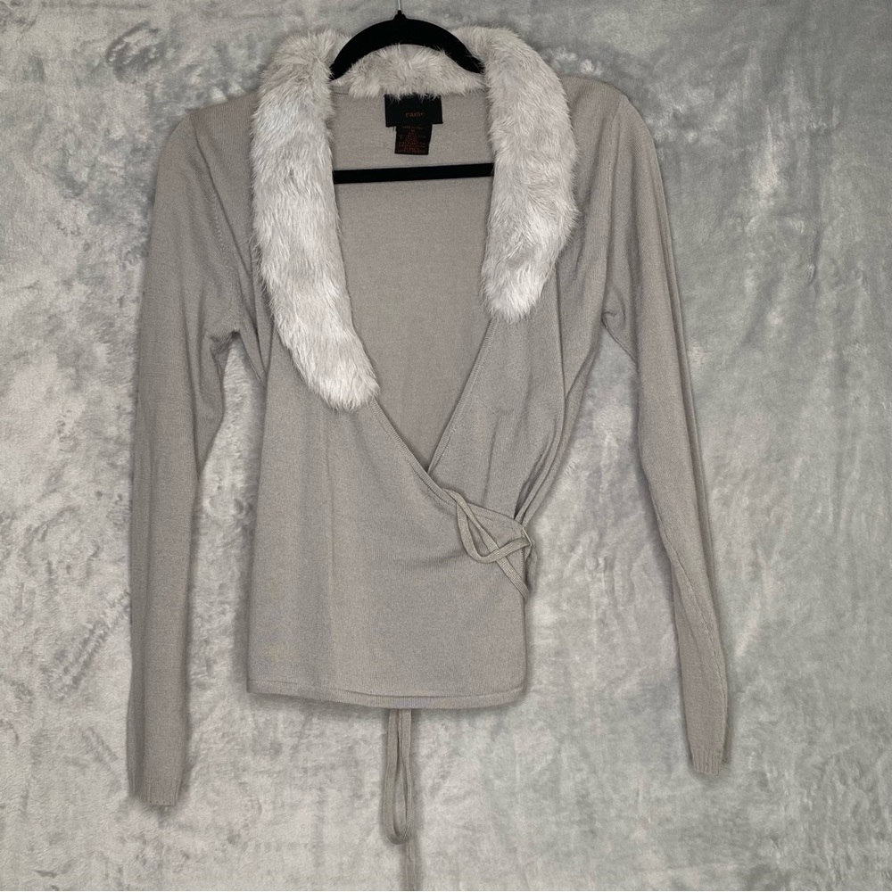 Cu Rame Rabbit Fur Trimmed Collar Wrap Sweater Y2K Merino Wool SZ M